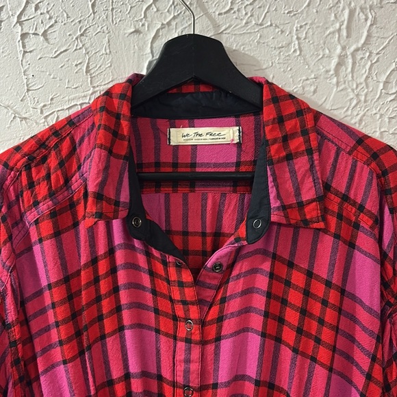 Free People Pacific Dawn Plaid Shirt Red Pink Medium Wool Blend Accent Ties - Picture 5 of 13